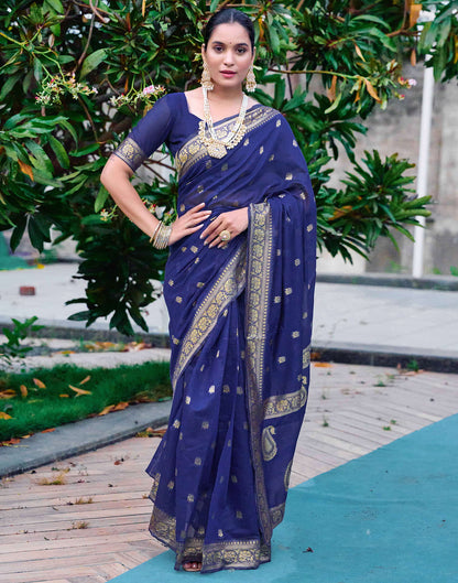 Navy Blue Chanderi Woven Saree