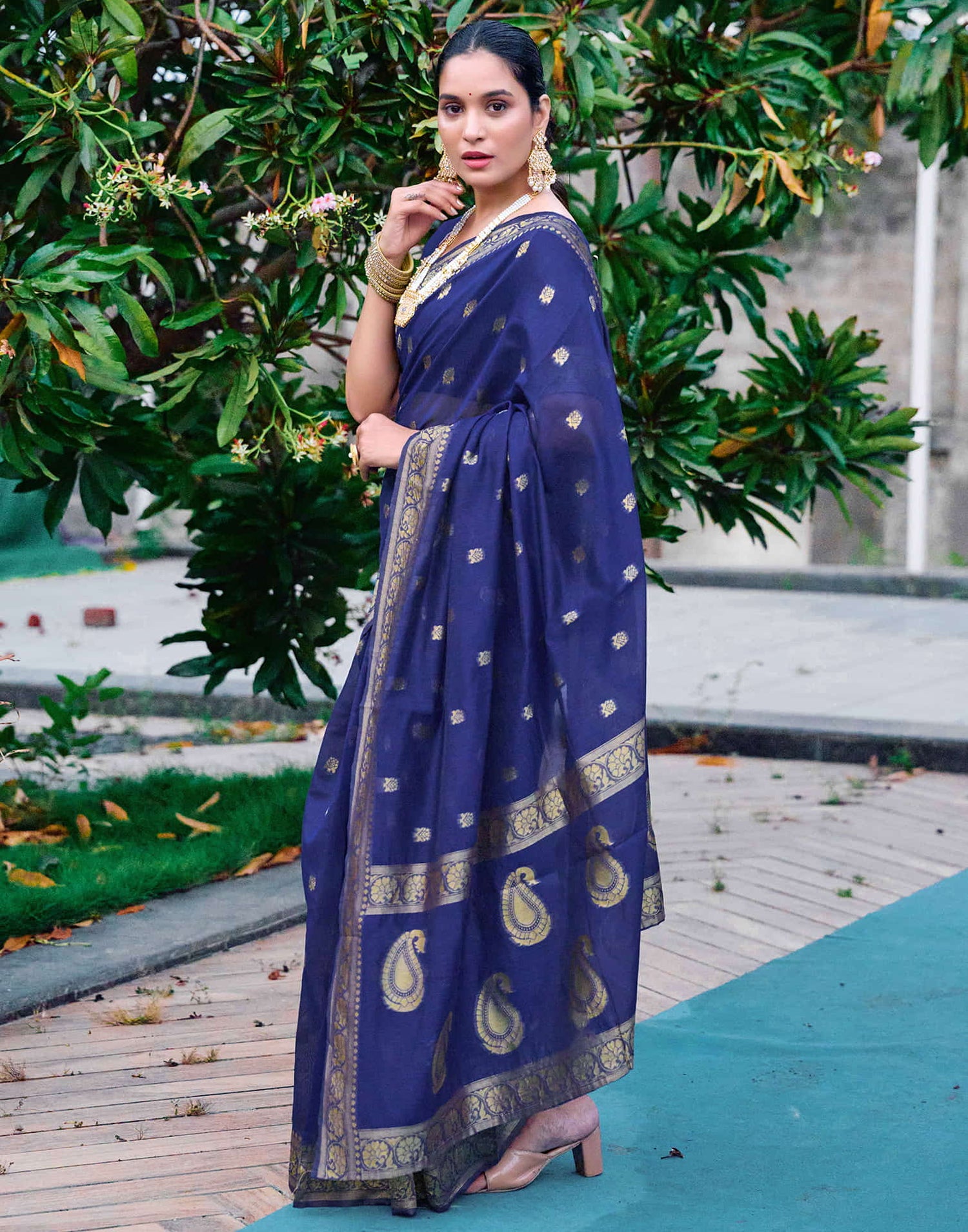 Navy Blue Chanderi Woven Saree