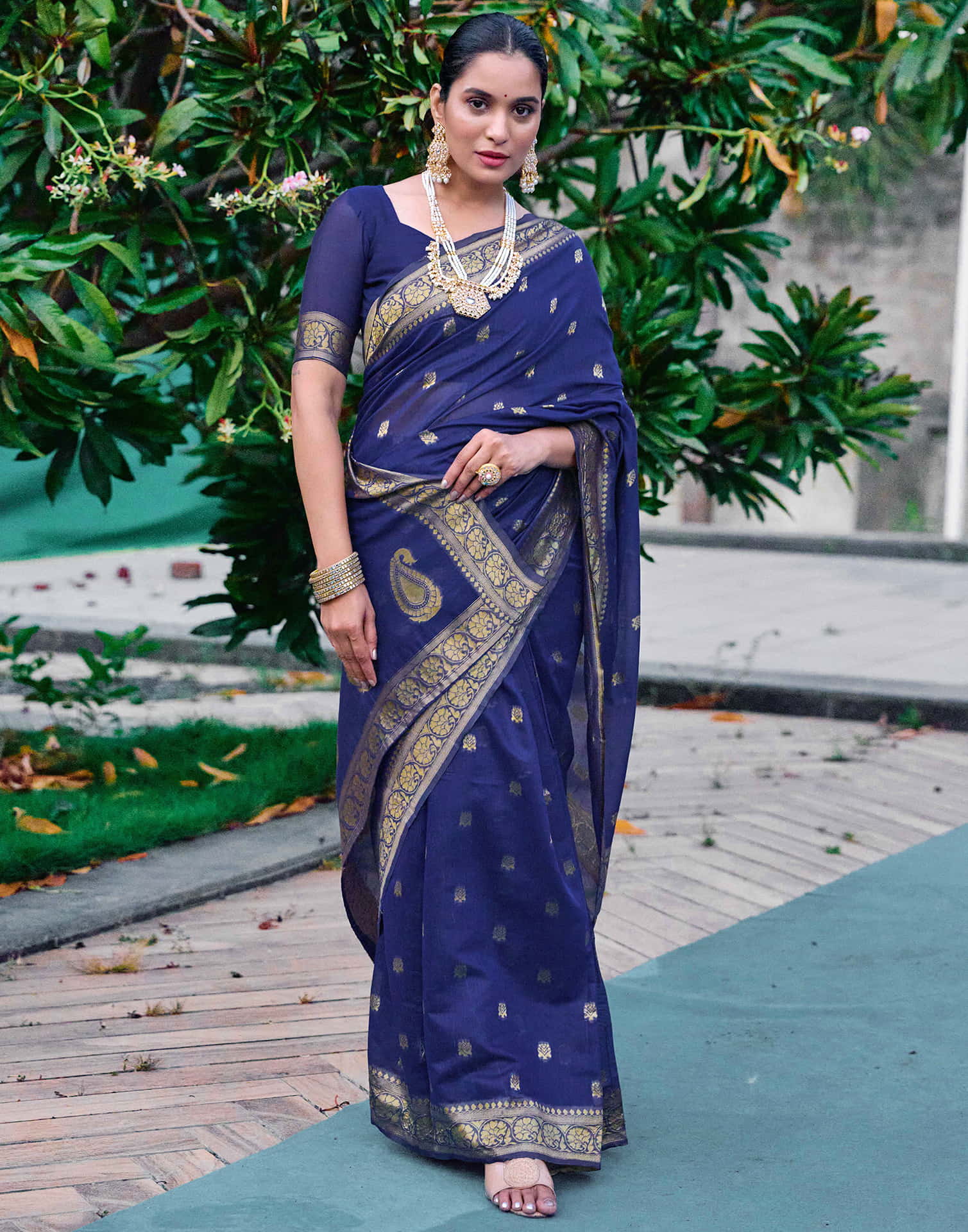 Navy Blue Chanderi Woven Saree