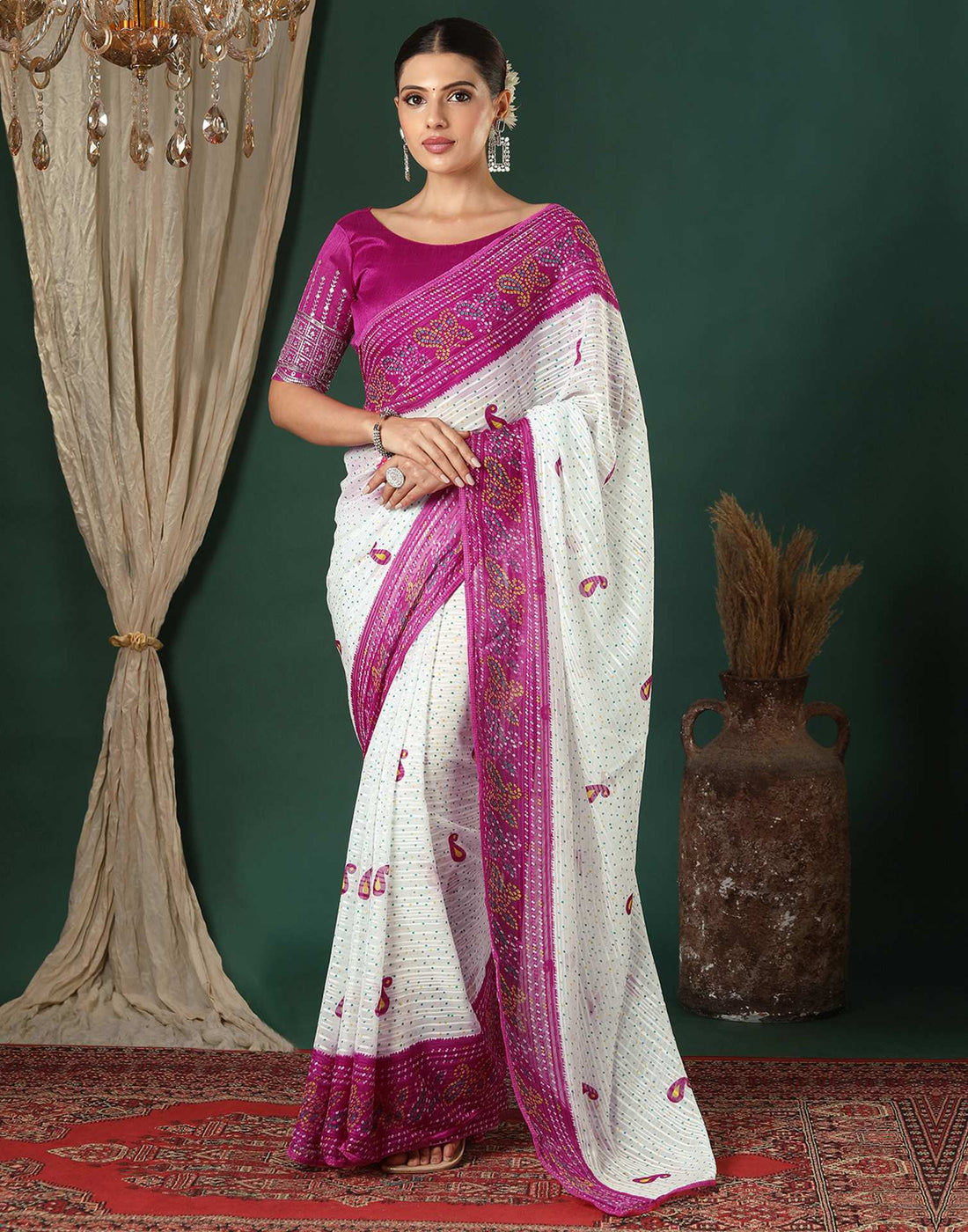 White Georgette Zari Stripe Bandhani Printed Saree
