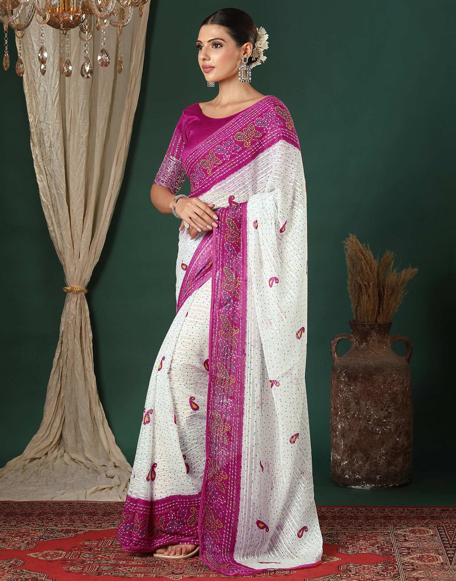 White Georgette Zari Stripe Bandhani Printed Saree