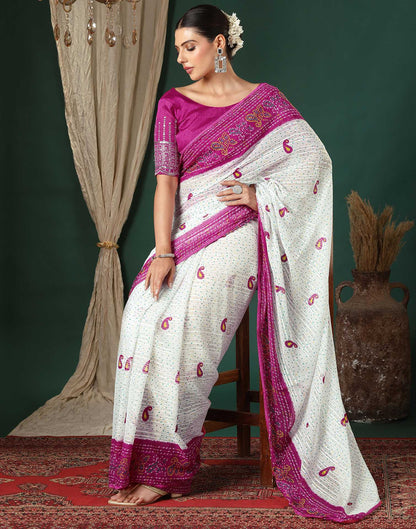 White Georgette Zari Stripe Bandhani Printed Saree
