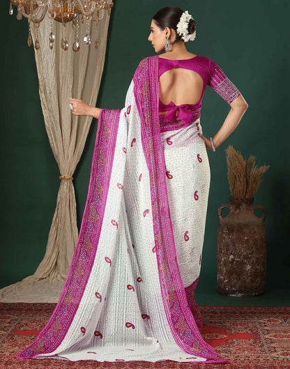 White Georgette Zari Stripe Bandhani Printed Saree