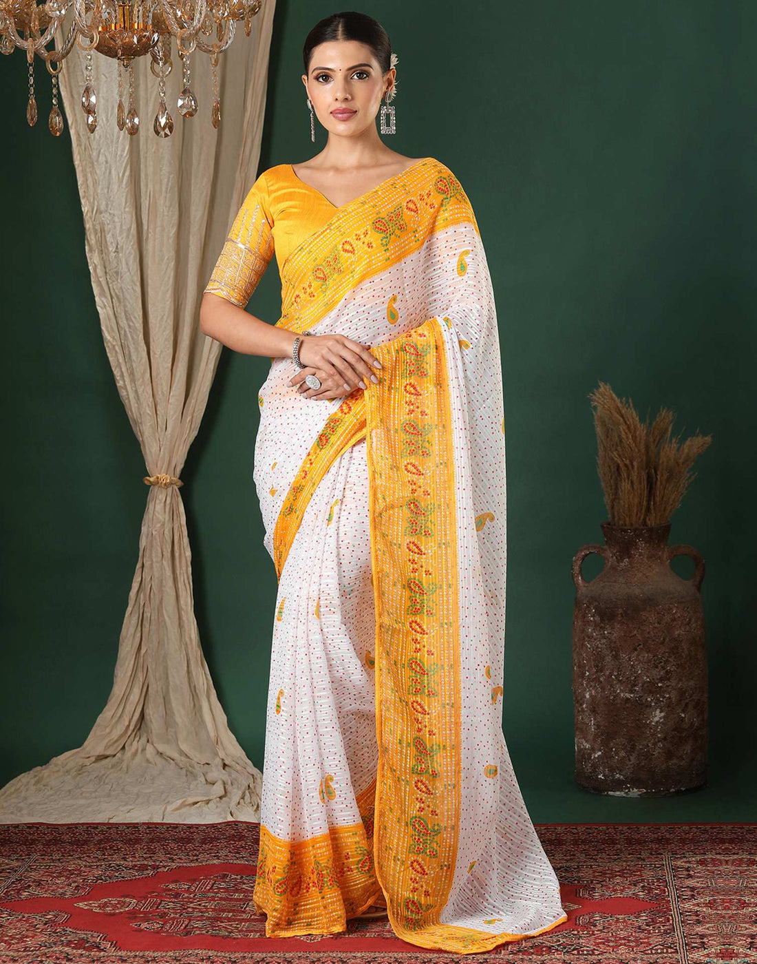 White Georgette Zari Stripe Bandhani Printed Saree