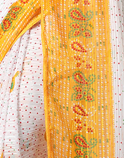 White Georgette Zari Stripe Bandhani Printed Saree
