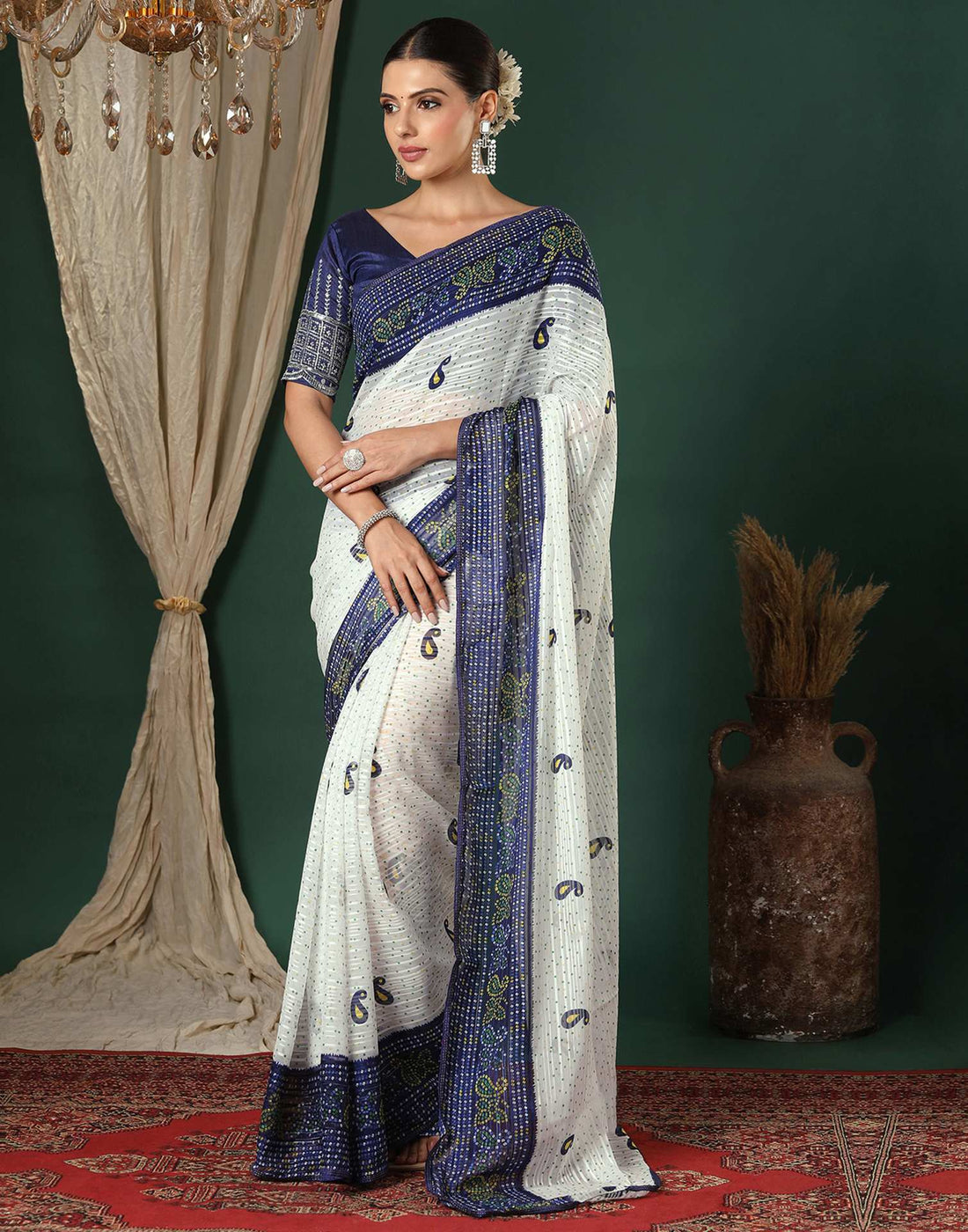 White Georgette Zari Stripe Bandhani Printed Saree