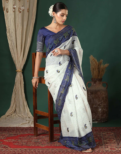 White Georgette Zari Stripe Bandhani Printed Saree