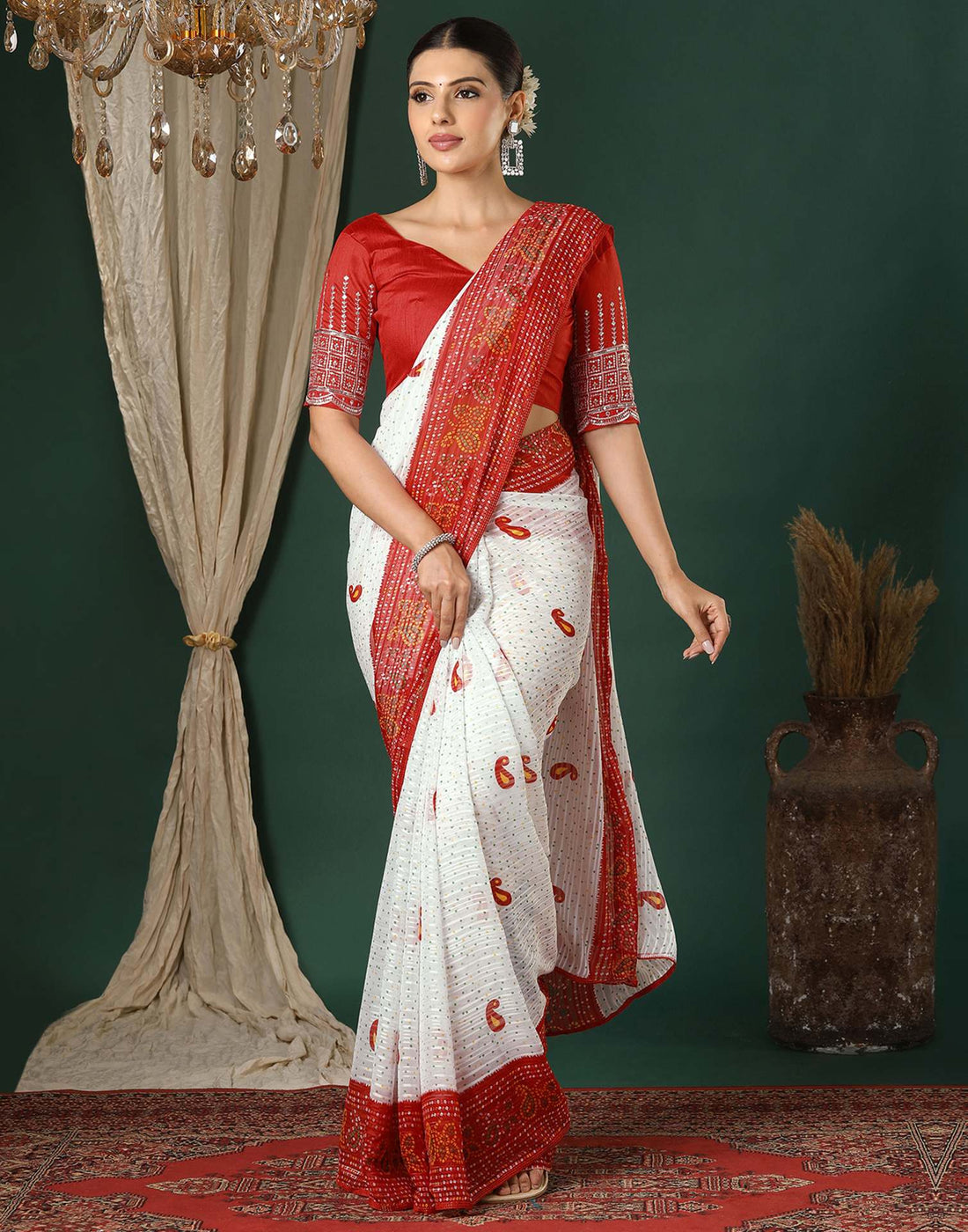 White Georgette Zari Stripe Bandhani Printed Saree