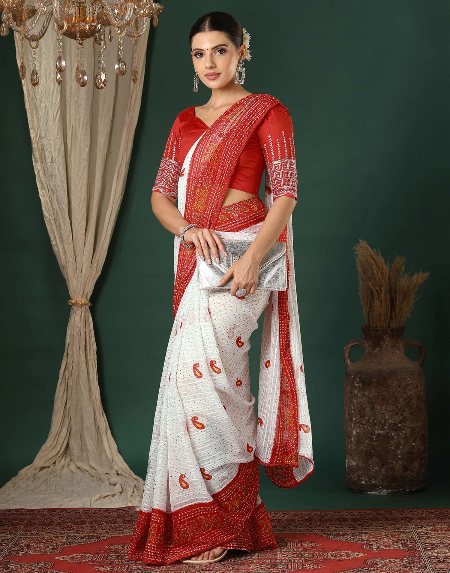 White Georgette Zari Stripe Bandhani Printed Saree