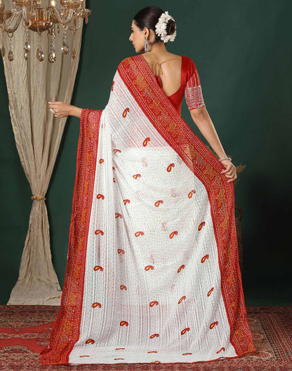 White Georgette Zari Stripe Bandhani Printed Saree