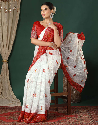 White Georgette Zari Stripe Bandhani Printed Saree