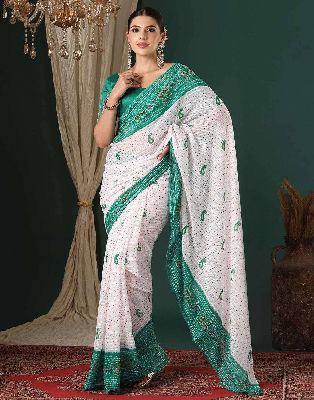 White Georgette Zari Stripe Bandhani Printed Saree