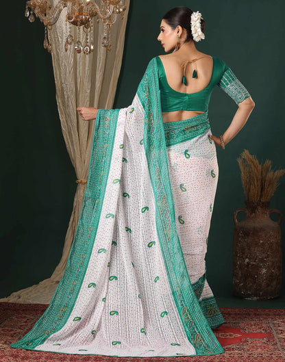 White Georgette Zari Stripe Bandhani Printed Saree
