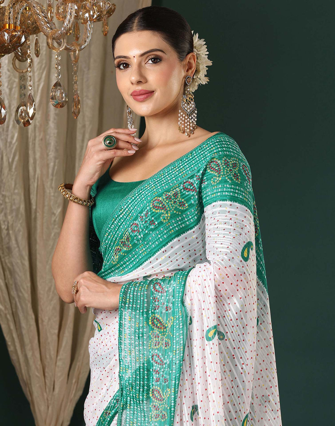 White Georgette Zari Stripe Bandhani Printed Saree