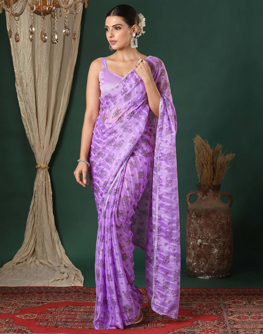 Lavender Georgette Woven Stripe Floral Printed Saree