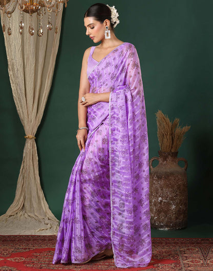 Lavender Georgette Woven Stripe Floral Printed Saree