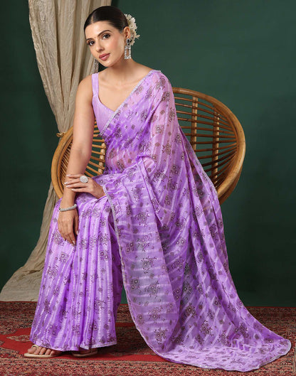 Lavender Georgette Woven Stripe Floral Printed Saree