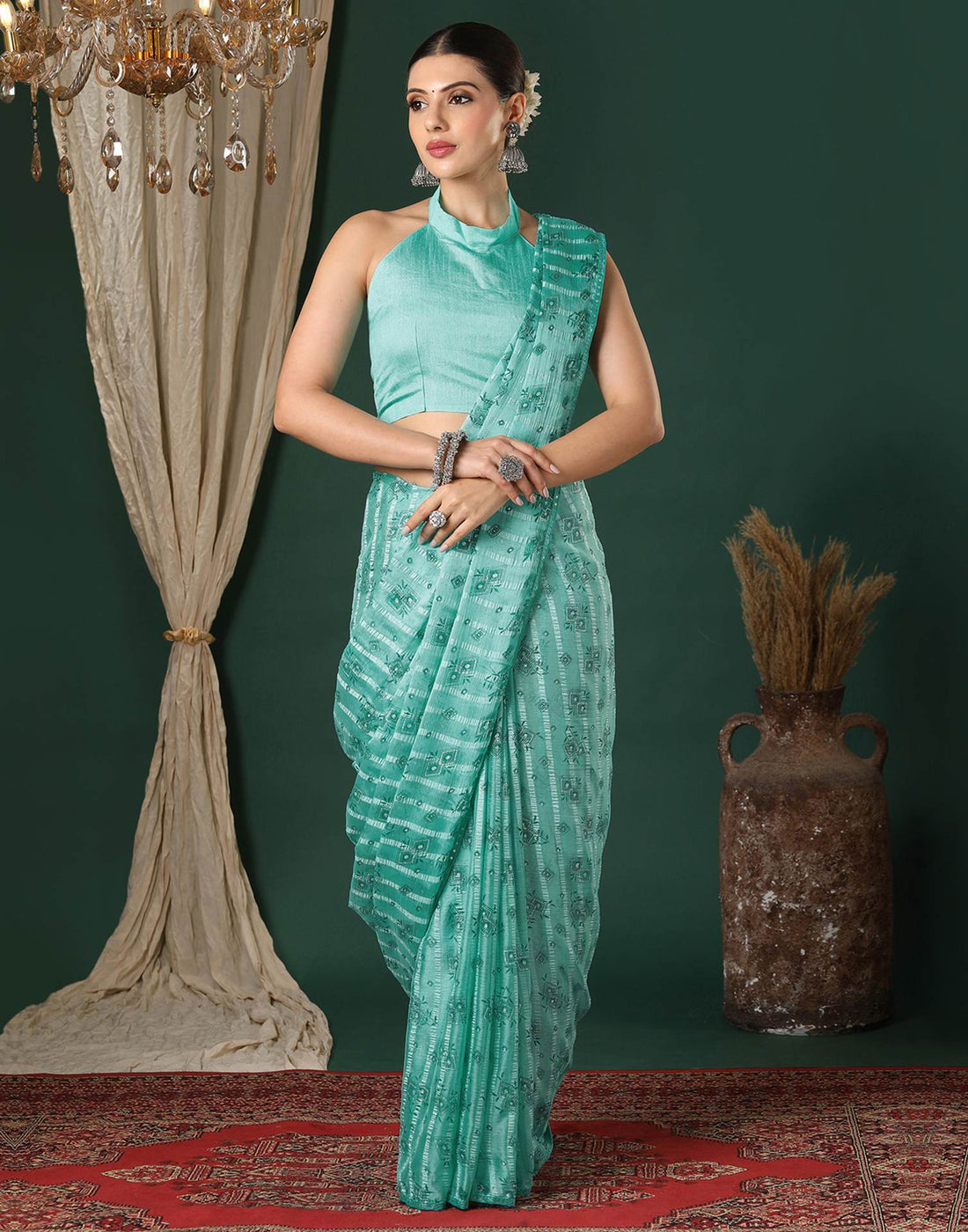 Turquoise Georgette Woven Stripe Floral Printed Saree