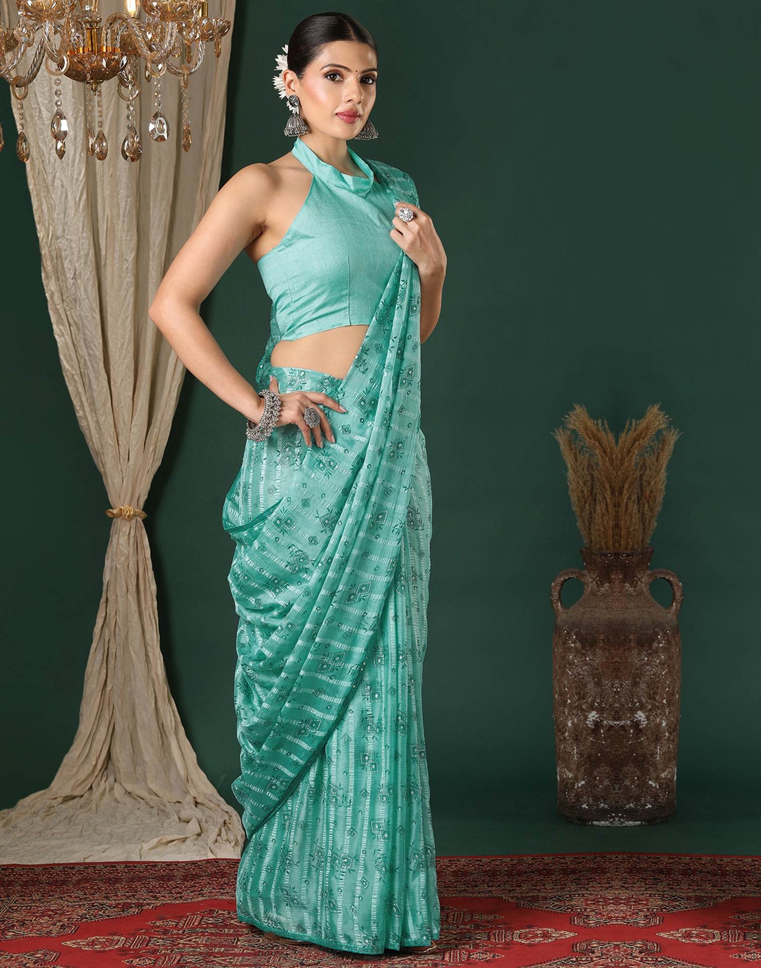 Turquoise Georgette Woven Stripe Floral Printed Saree