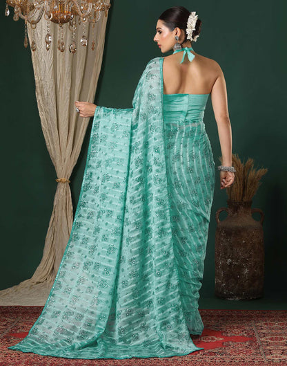 Turquoise Georgette Woven Stripe Floral Printed Saree
