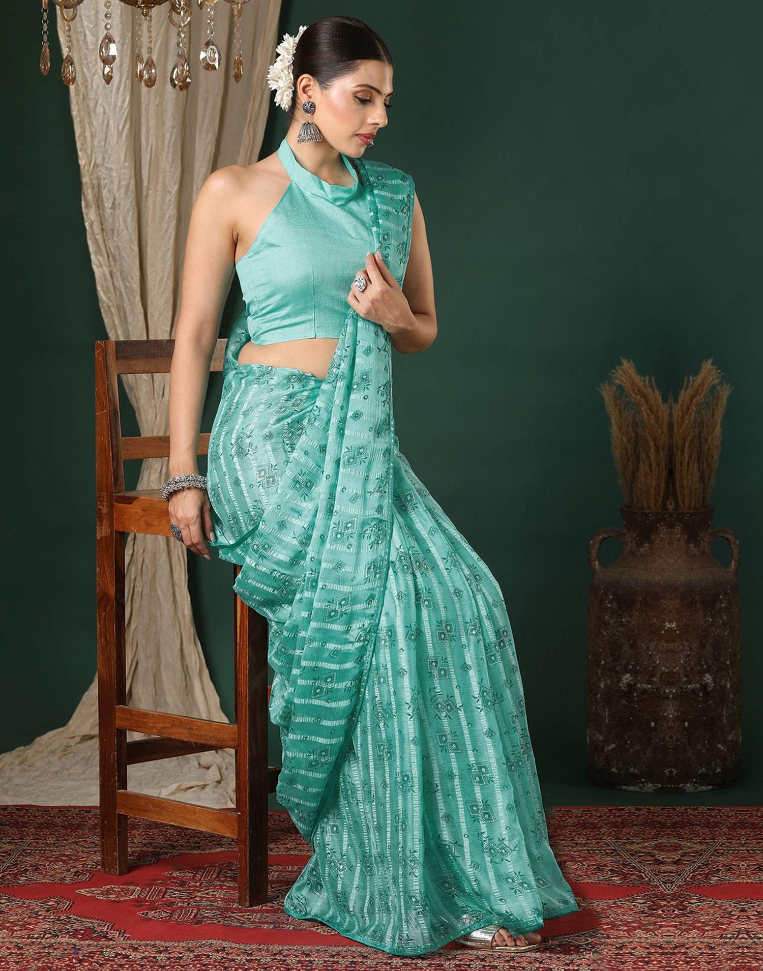 Turquoise Georgette Woven Stripe Floral Printed Saree