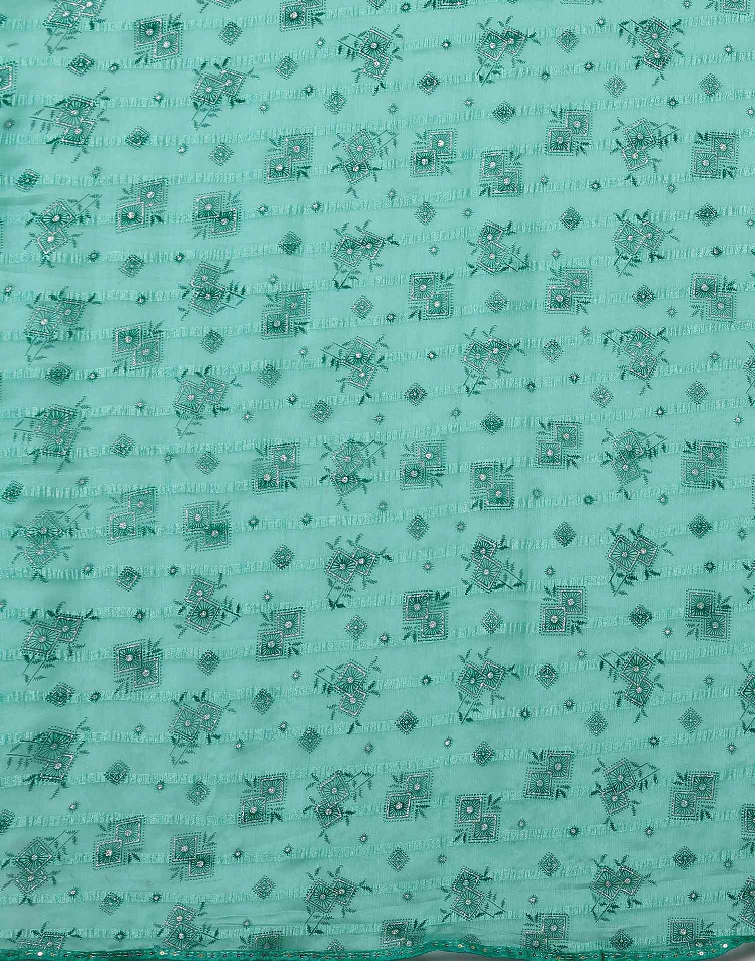 Turquoise Georgette Woven Stripe Floral Printed Saree