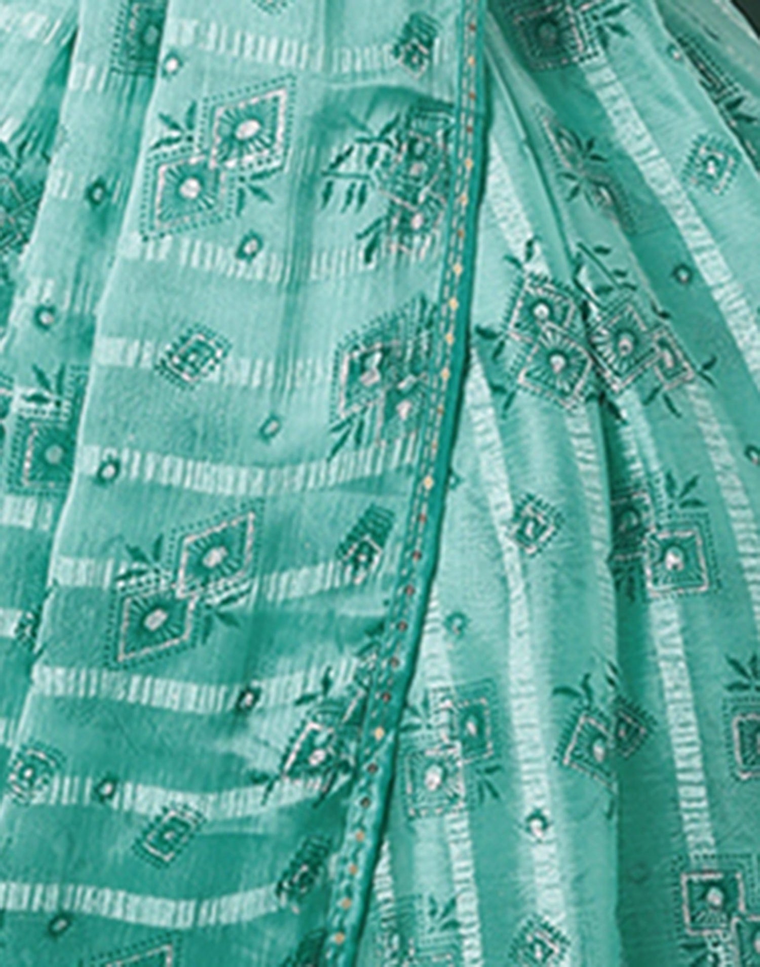 Turquoise Georgette Woven Stripe Floral Printed Saree