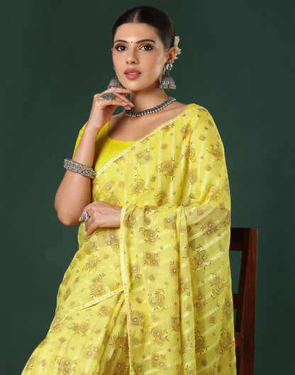 Yellow Georgette Woven Stripe Floral Printed Saree