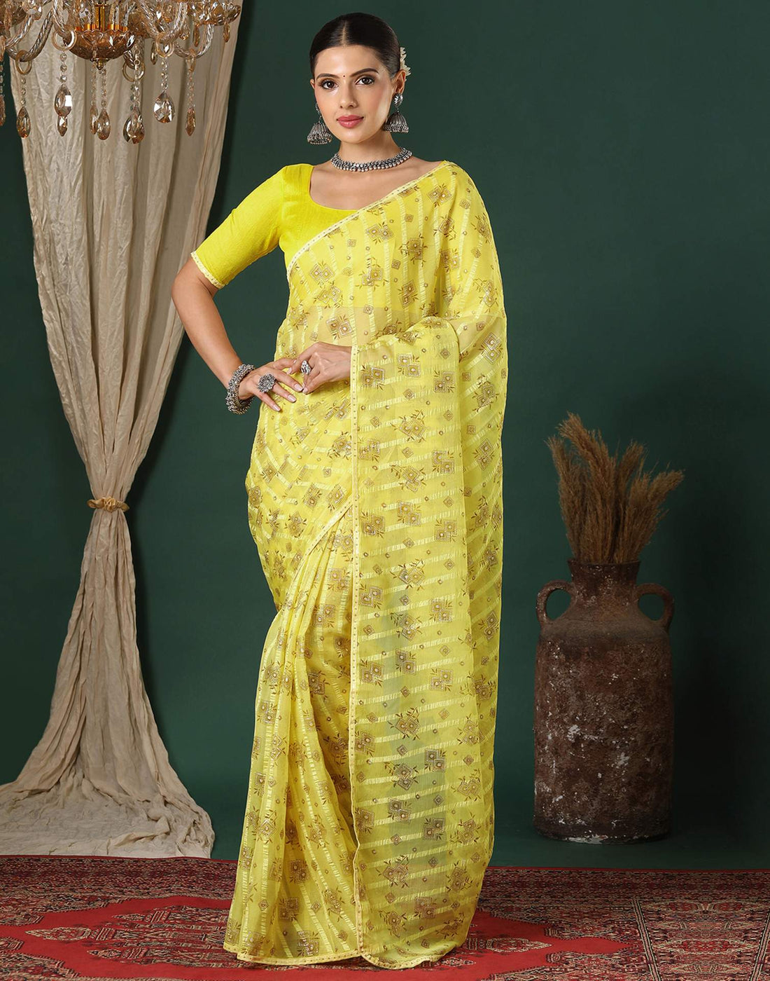 Yellow Georgette Woven Stripe Floral Printed Saree