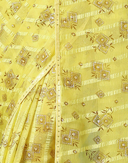Yellow Georgette Woven Stripe Floral Printed Saree