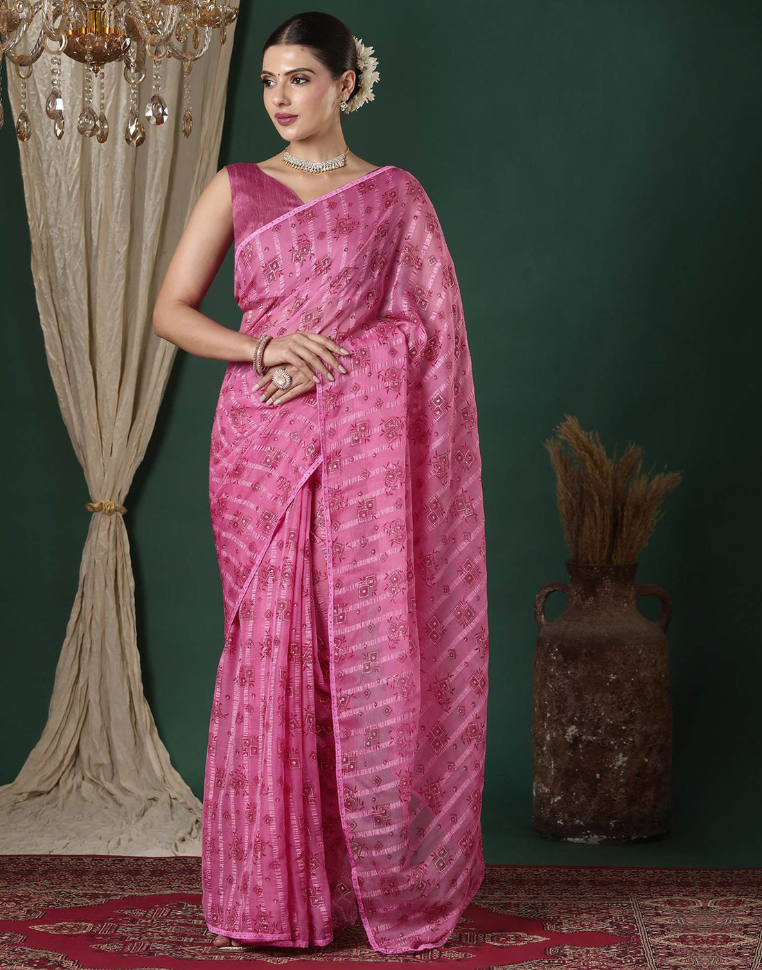 Pink Georgette Woven Stripe Floral Printed Saree
