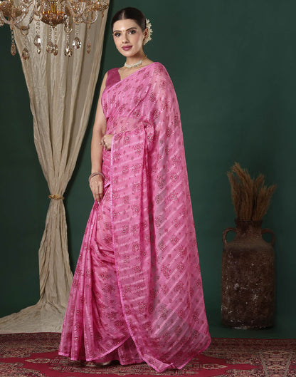 Pink Georgette Woven Stripe Floral Printed Saree