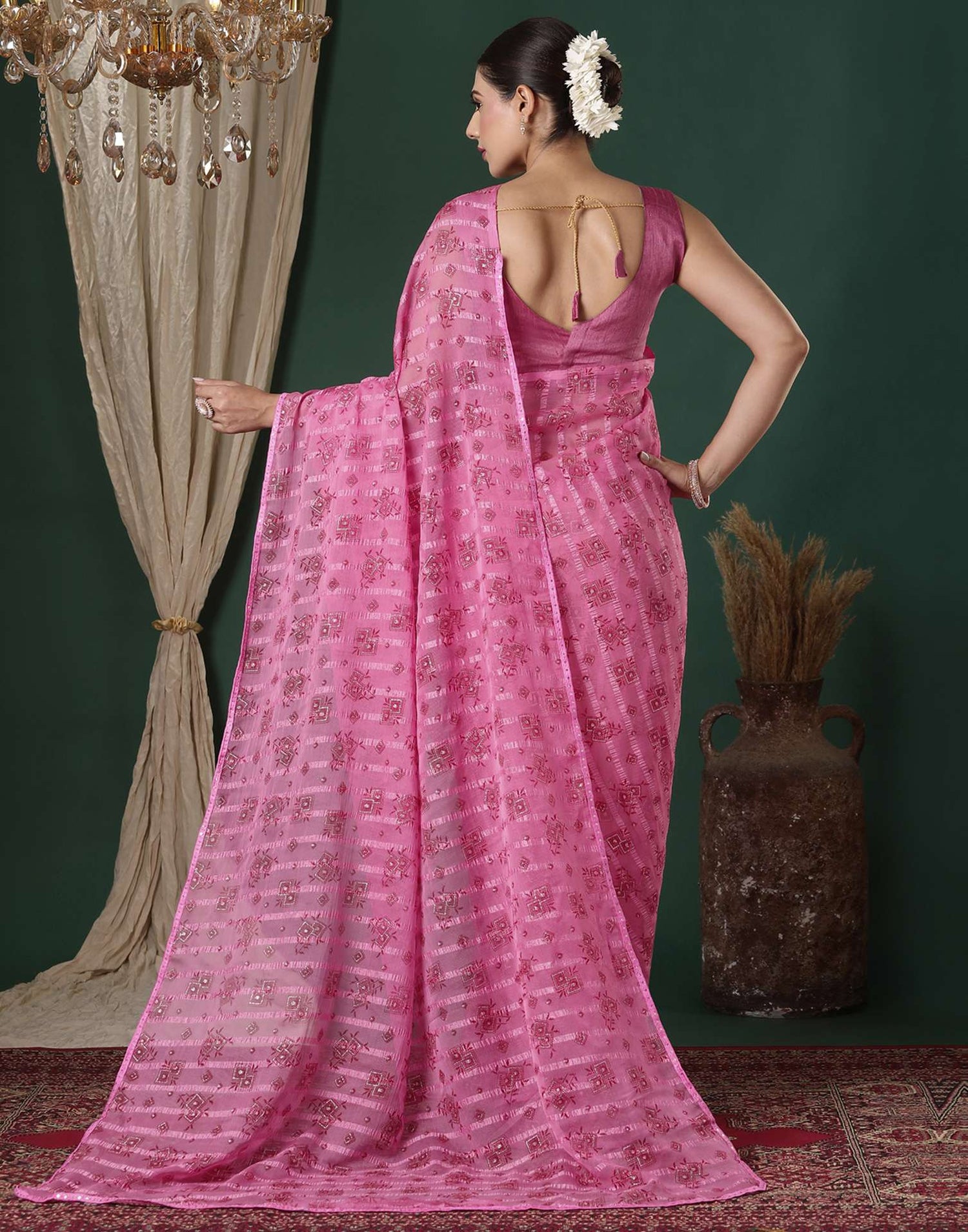 Pink Georgette Woven Stripe Floral Printed Saree