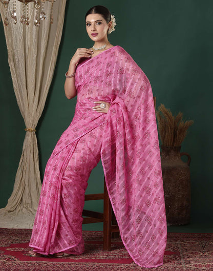 Pink Georgette Woven Stripe Floral Printed Saree