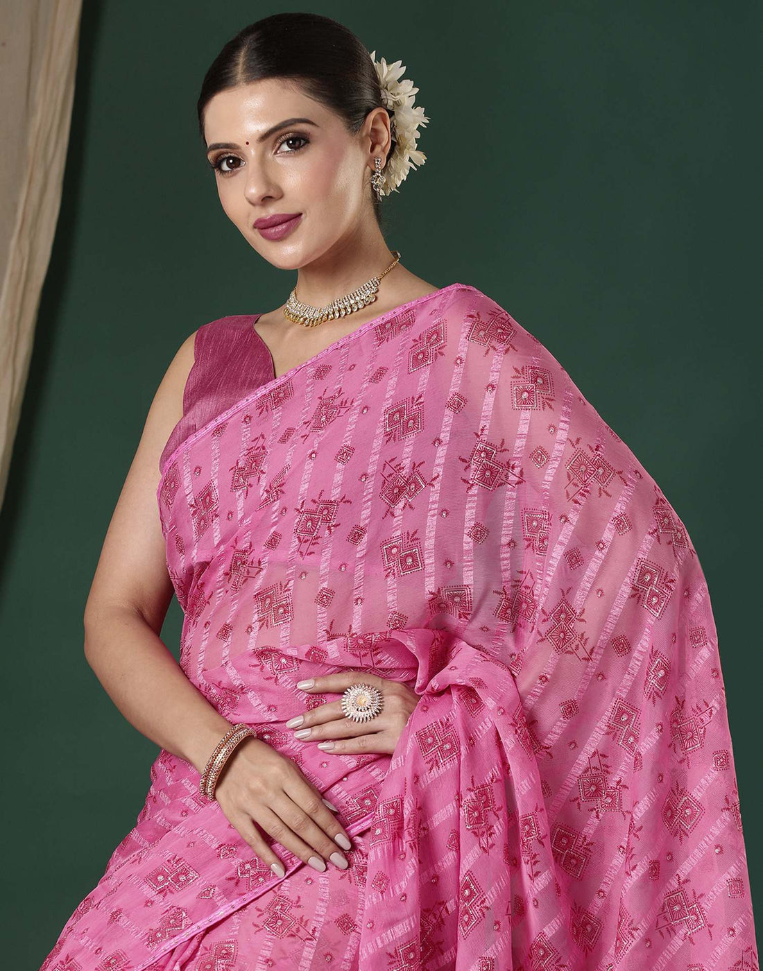 Pink Georgette Woven Stripe Floral Printed Saree