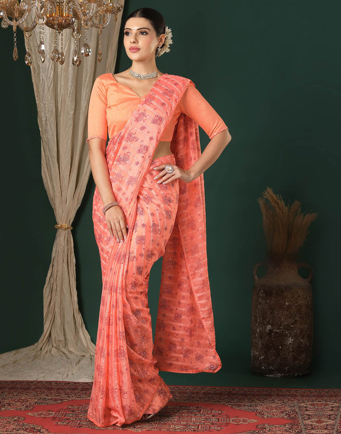 Peach Georgette Woven Stripe Floral Printed Saree
