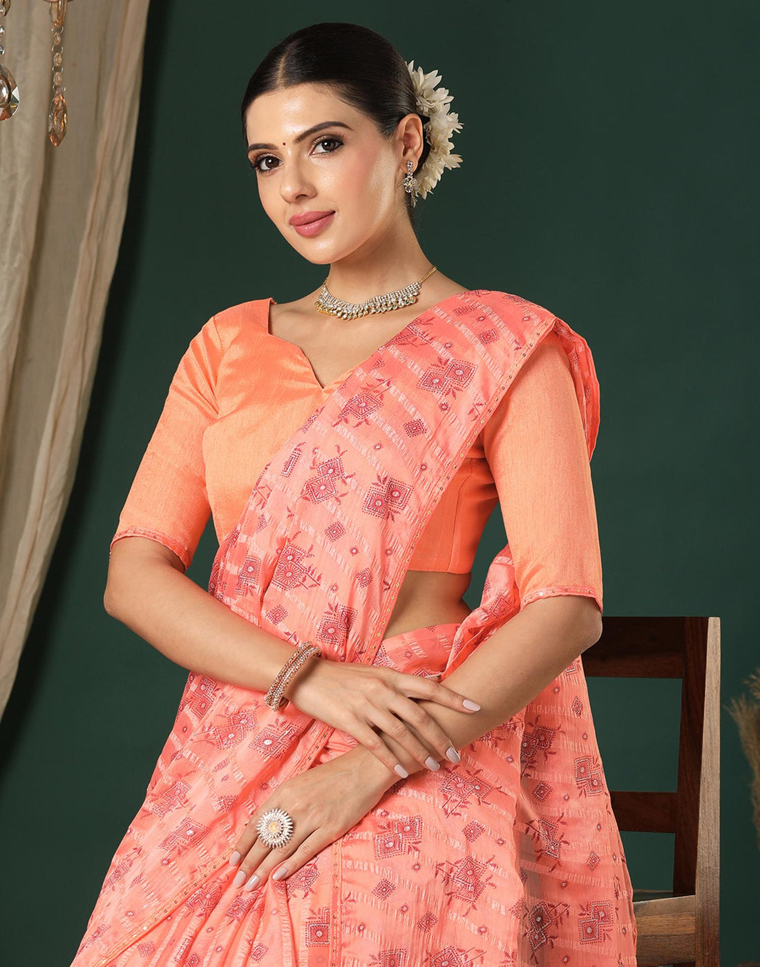 Peach Georgette Woven Stripe Floral Printed Saree