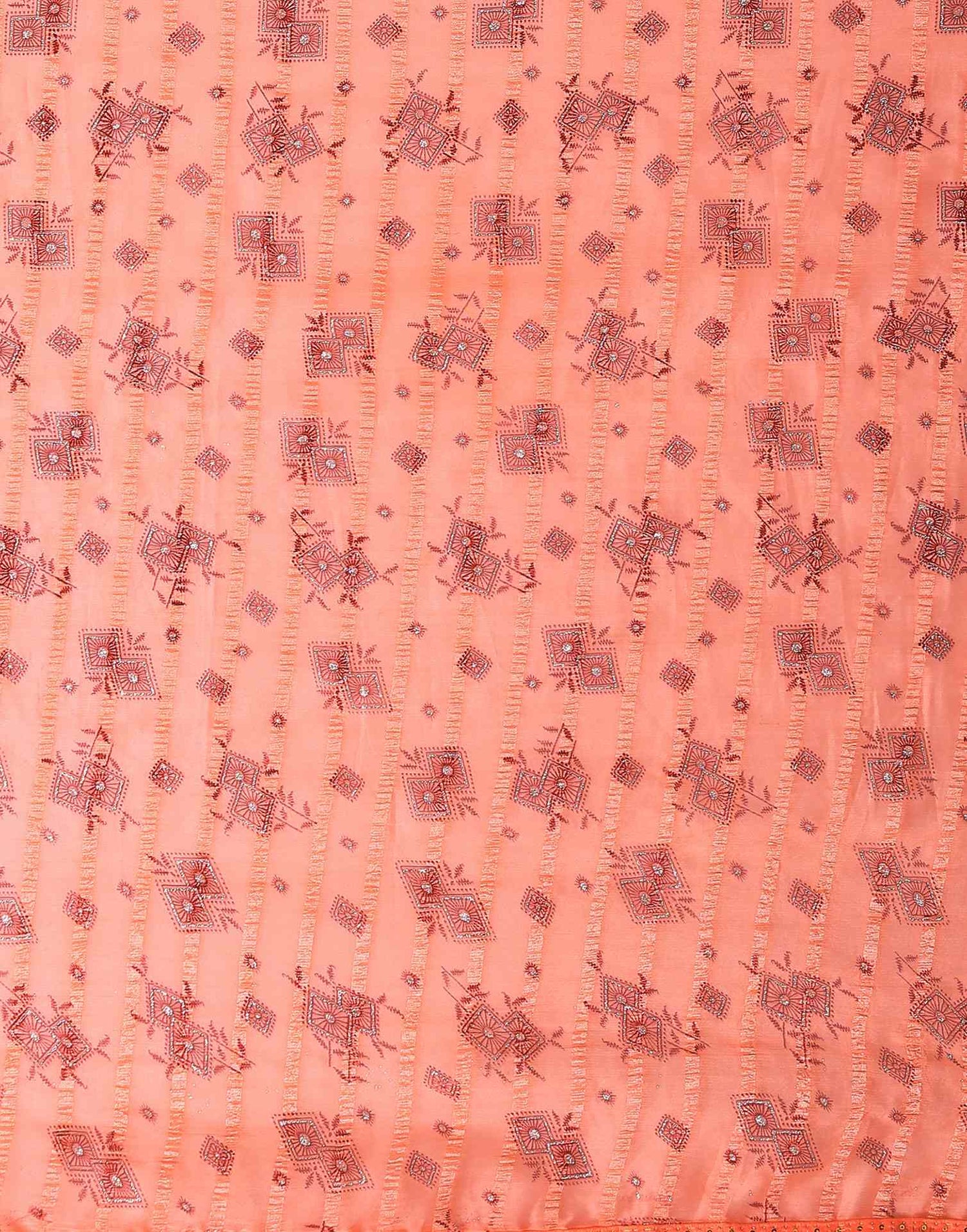 Peach Georgette Woven Stripe Floral Printed Saree