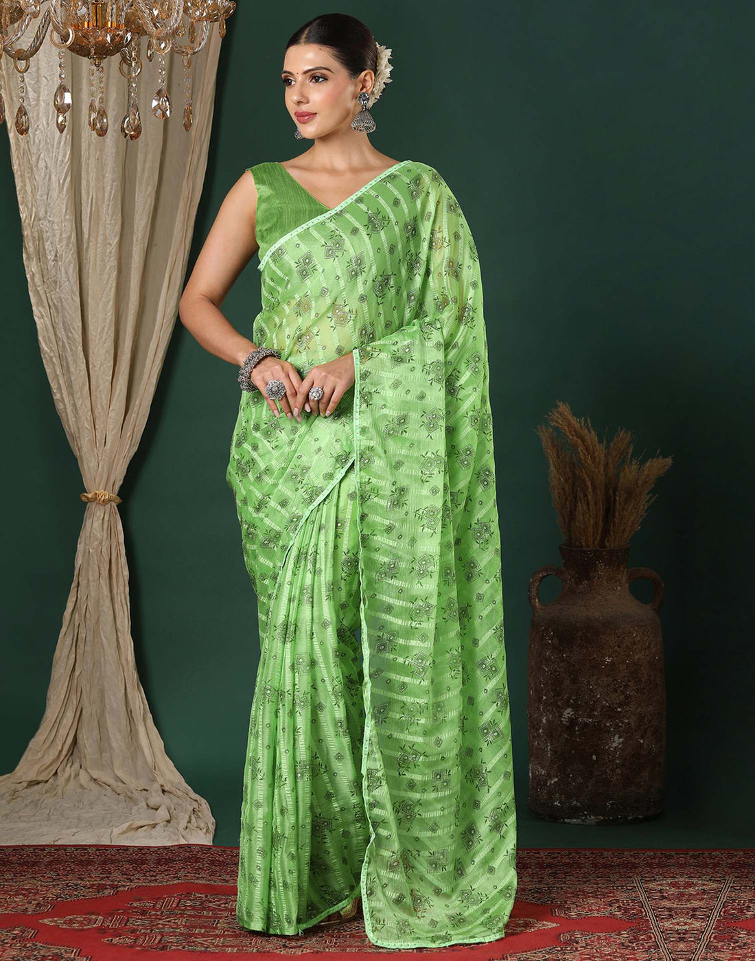 Green Georgette Woven Stripe Floral Printed Saree