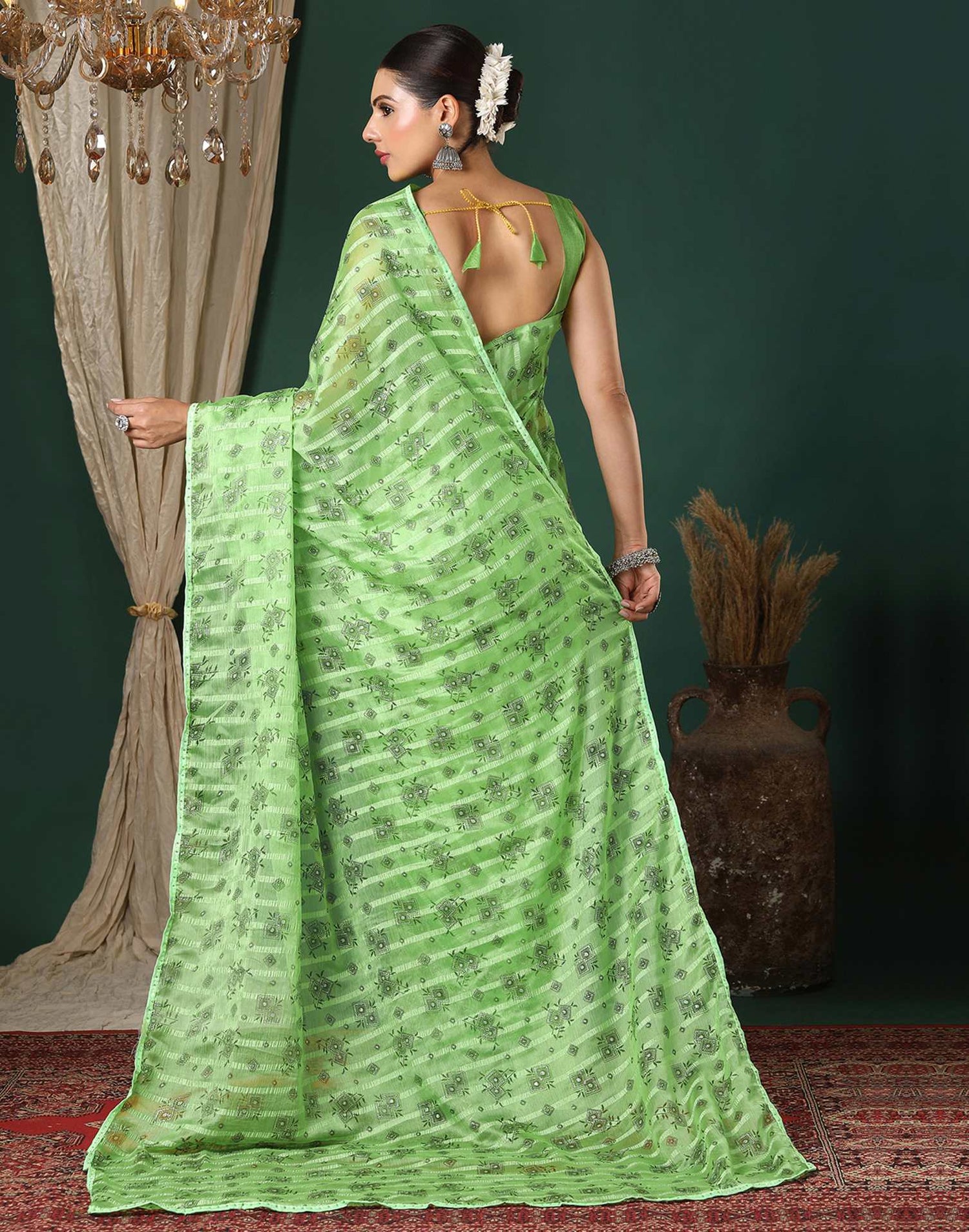 Green Georgette Woven Stripe Floral Printed Saree