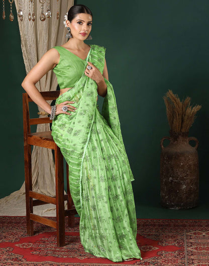 Green Georgette Woven Stripe Floral Printed Saree