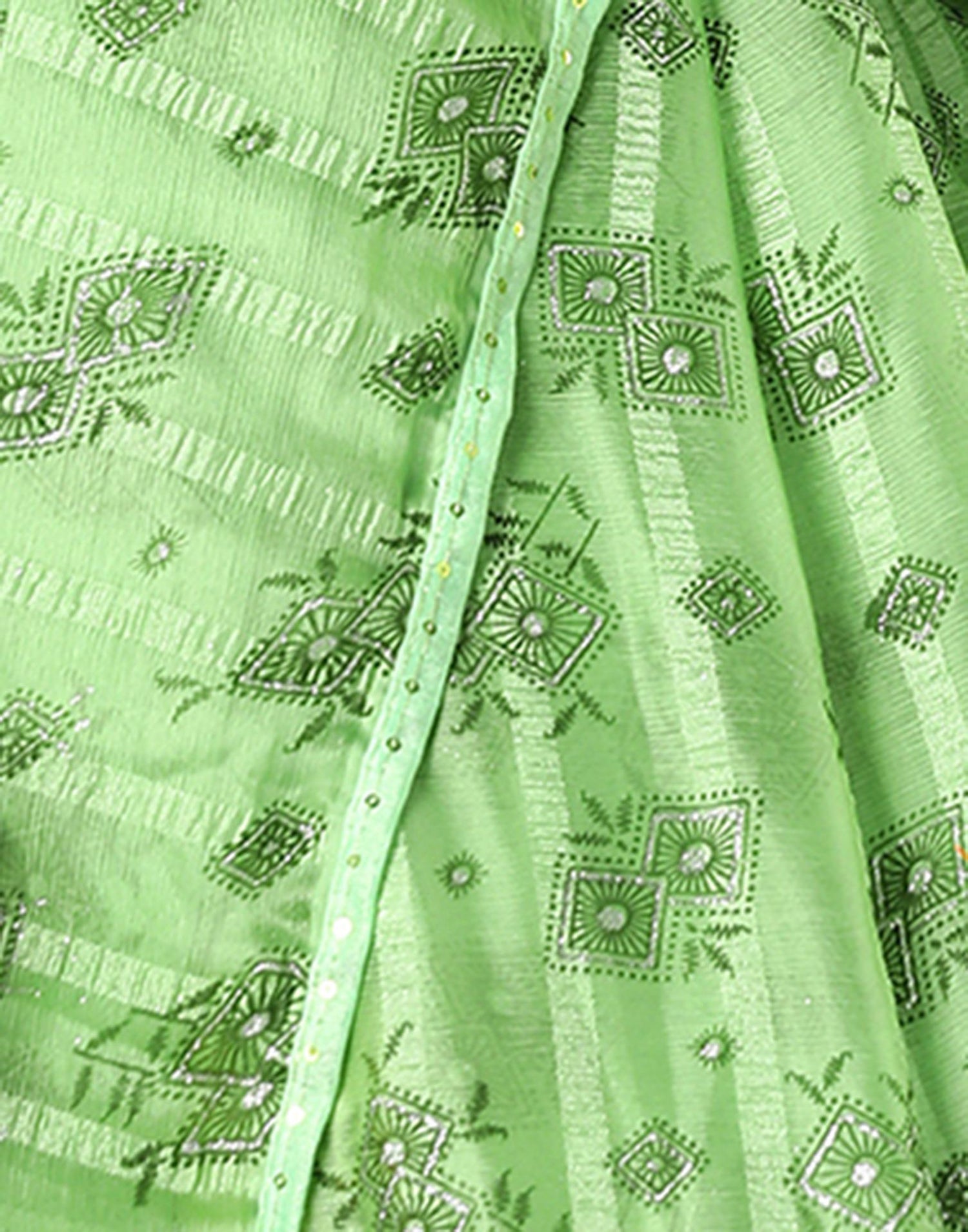 Green Georgette Woven Stripe Floral Printed Saree