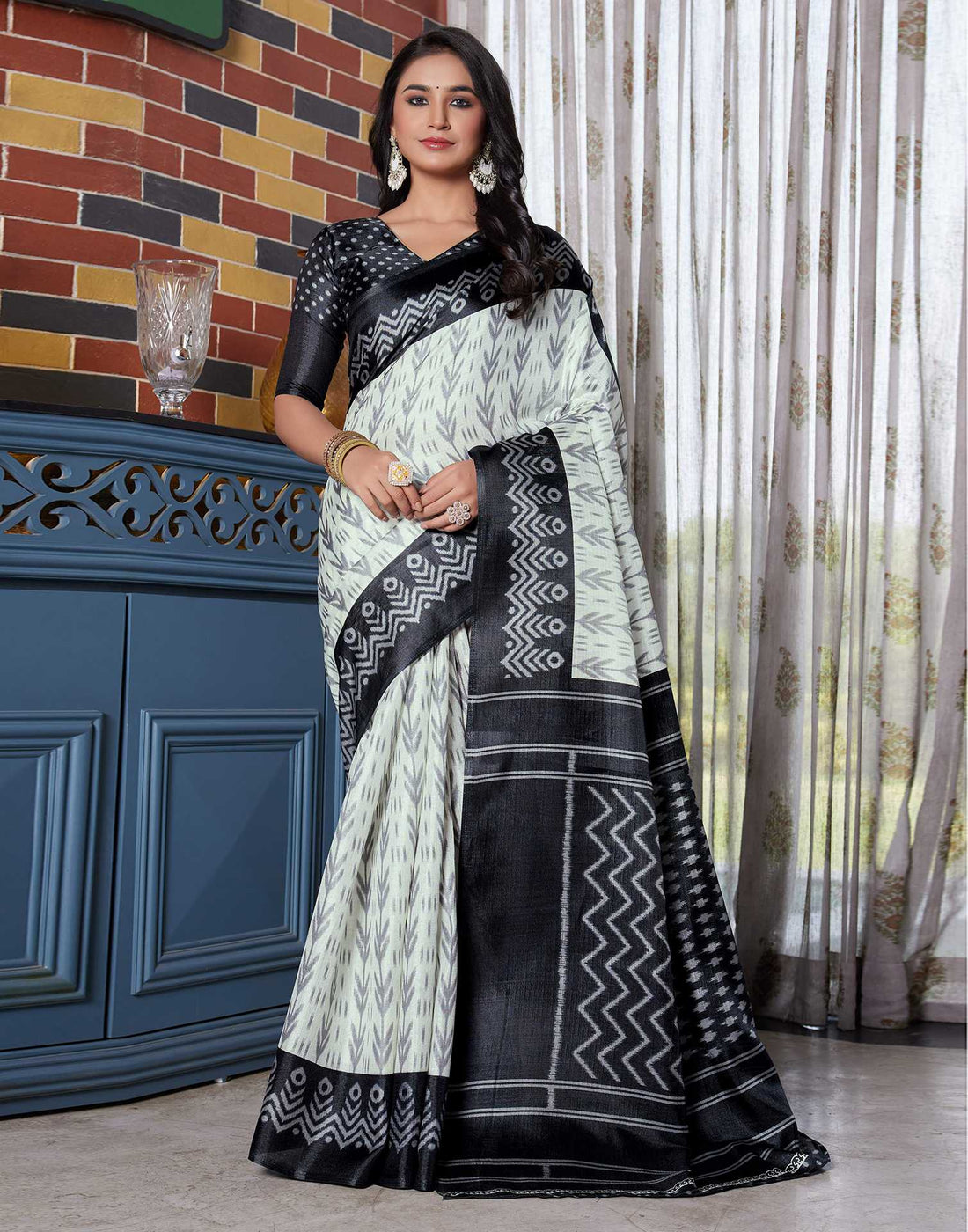 Black Cotton Blend Ikkat Printed Saree