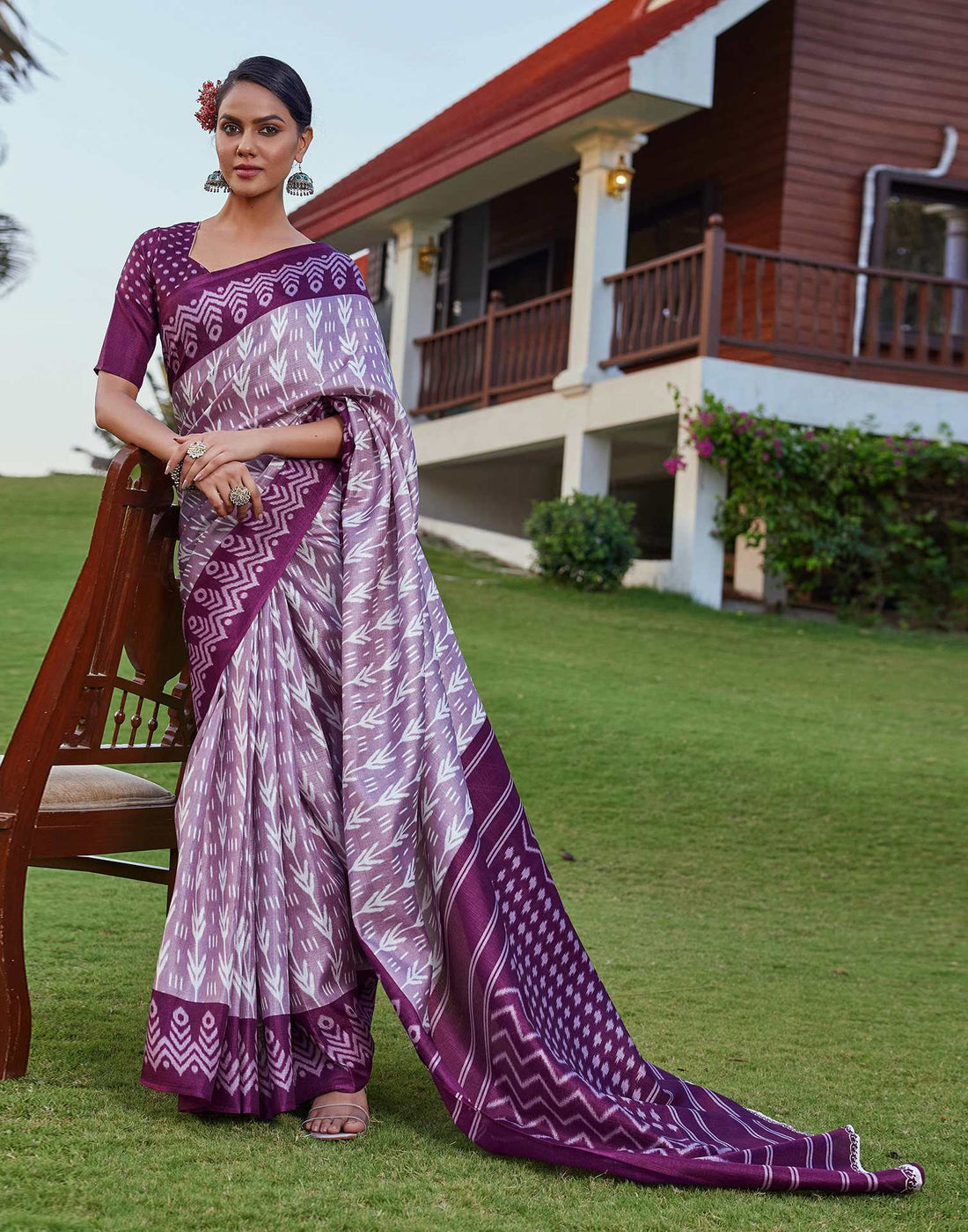 Wine Cotton Blend Ikkat Printed Saree