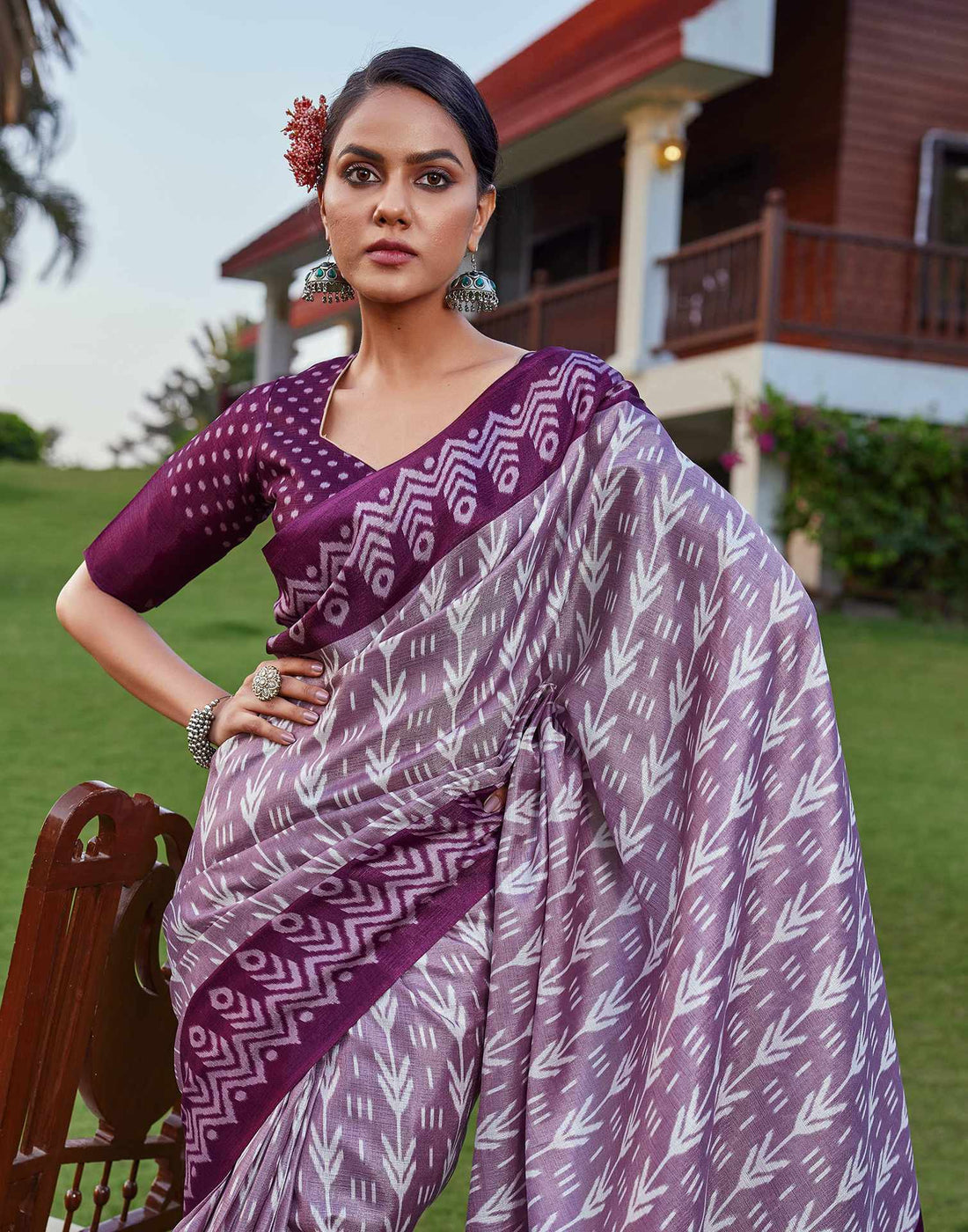 Wine Cotton Blend Ikkat Printed Saree