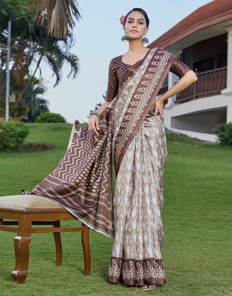 Brown Cotton Blend Ikkat Printed Saree