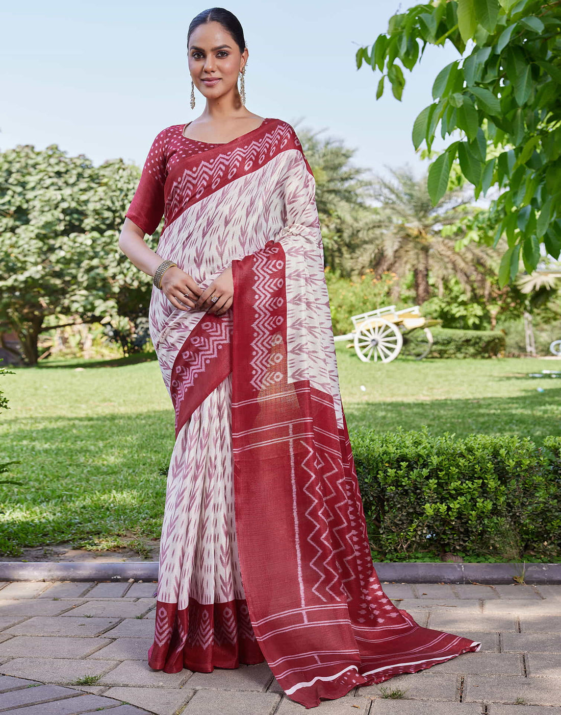 Red Cotton Blend Ikkat Printed Saree
