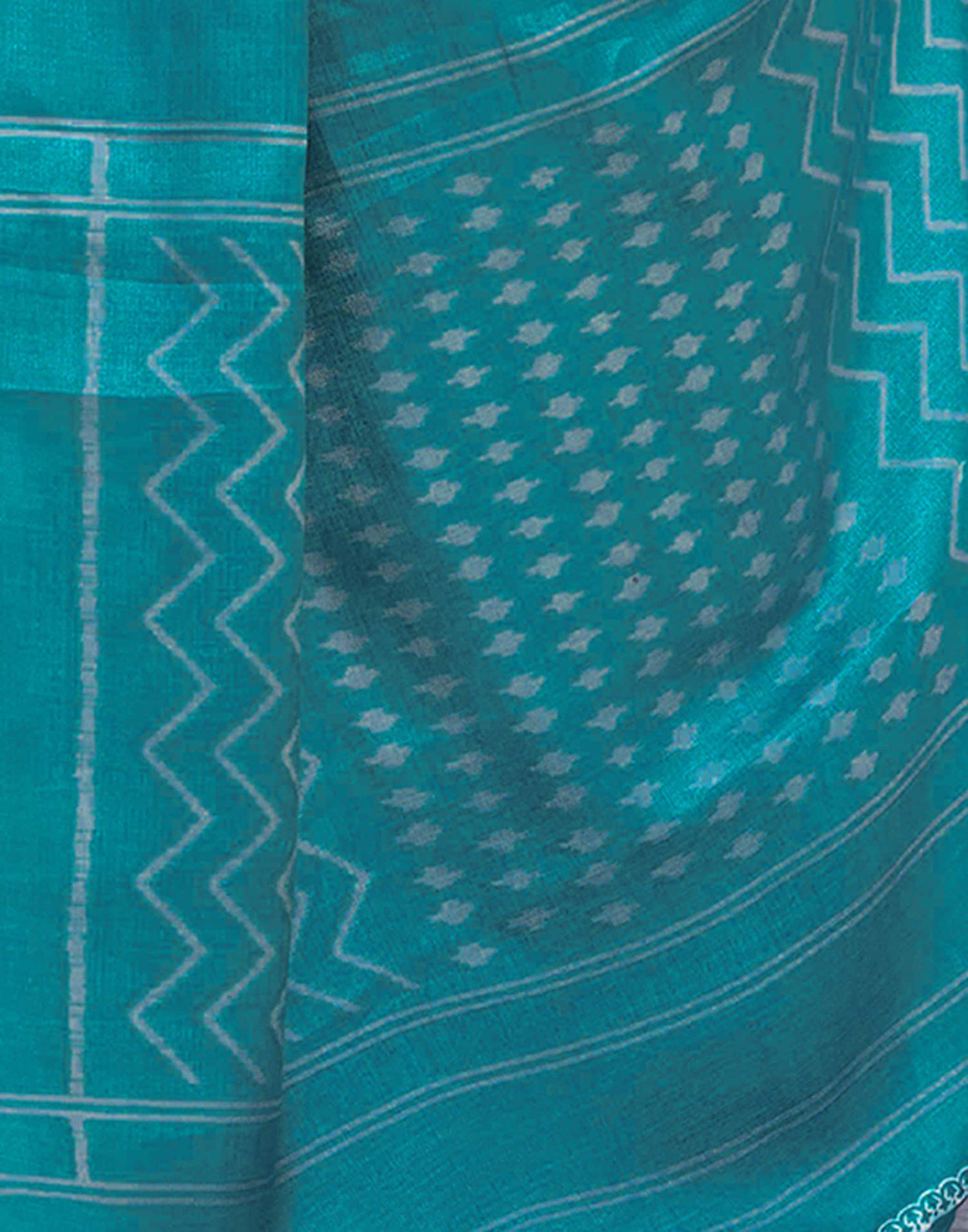 Teal Blue Cotton Blend Ikkat Printed Saree