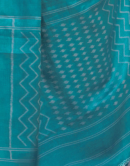 Teal Blue Cotton Blend Ikkat Printed Saree