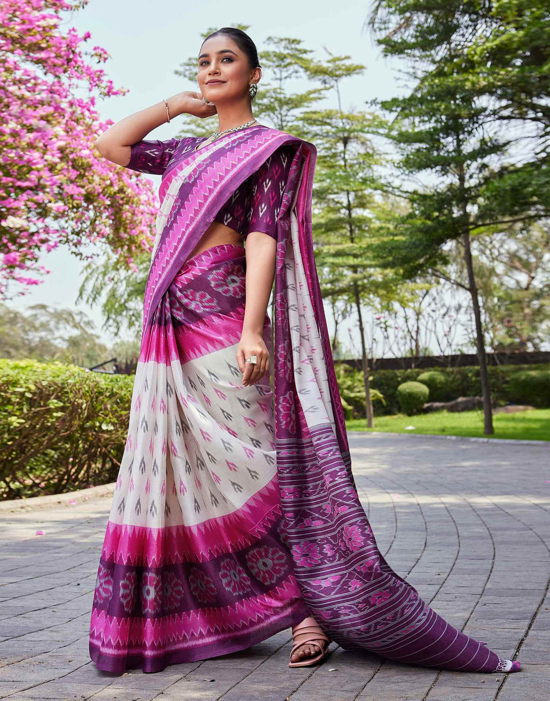Wine Cotton Blend Ikkat Printed Saree